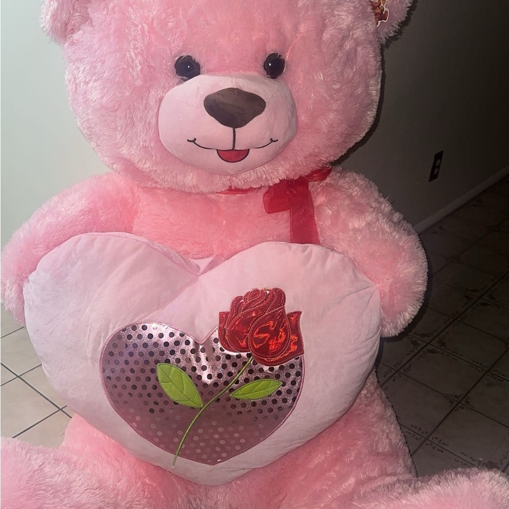 Pink Teddy Bear with Heart and Rose